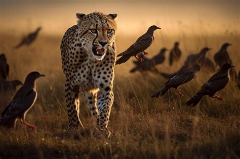 Premium AI Image There Are Many Birds Standing Around A Cheetah In