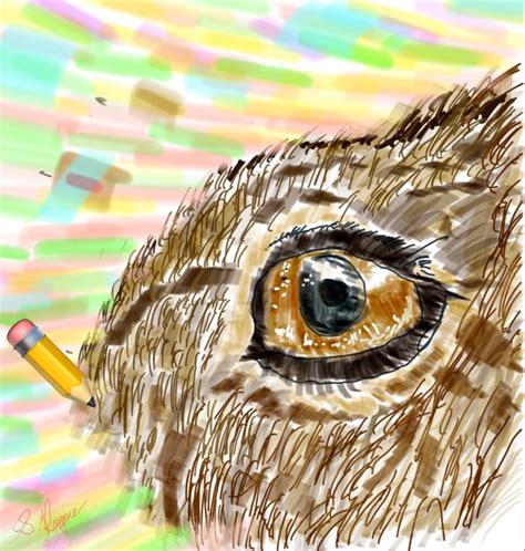 a drawing of an eye with a pencil in it's left eye and colored background