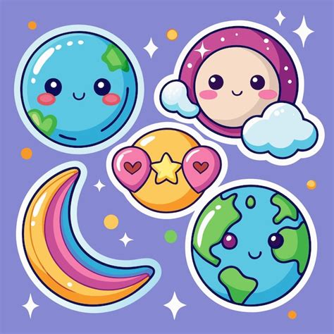 Planetas Kawaii Bonitos Estrelas E Adesivos De Lua Vetor Premium