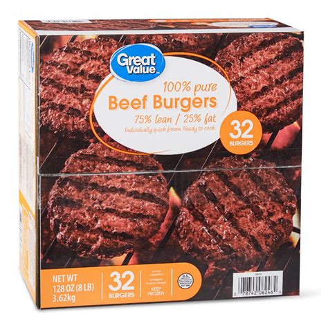 Great Value 100 Pure Beef Burgers 75 Lean25 Fat 8 Lbs 32 Count Frozen