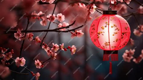 Premium AI Image | Chinese lanterns cherry blossoms and full moon at ...