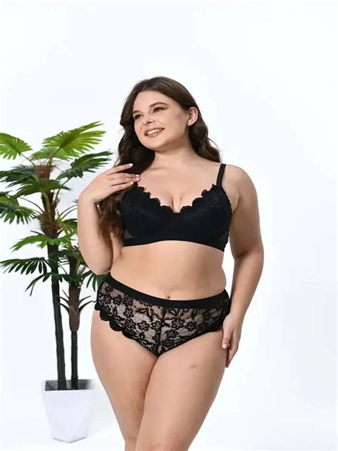 Plus Size Contrast Lace Semi Sheer Bra Panties Set Women S Temu