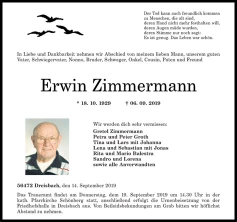 Traueranzeigen Von Erwin Zimmermann Rz Trauer De