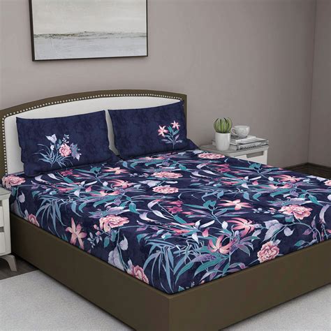 Buy GM Blue Floral 210 Tc Cotton Queen Bedsheet With 2 Pillow Covers Online