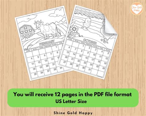 2024 Farm Animals Coloring Calendar, Printable Calendar 2024, PDF ...