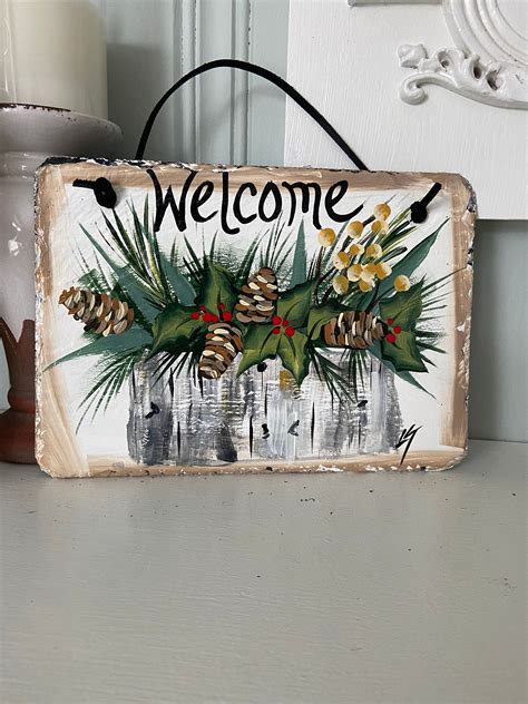 Painted Christmas Welcome Sign Winter Porch Decor Painted Slate Sign