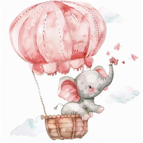 Watercolor Baby Elephant In Hot Air Balloon Clipart White Background
