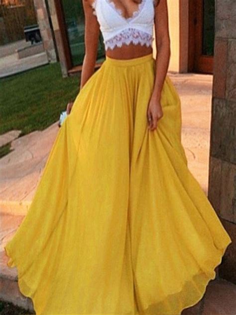 Jupe Longue Taille Haute Jaune French Shein Sheinside Jupe Longue