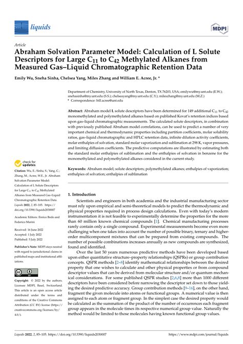 PDF Abraham Solvation Parameter Model Calculation Of L Solute
