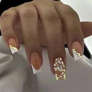 Amazon Pikabows Press On Nails Long Square Nude French Gold Glitter Fake Nails Acrylic