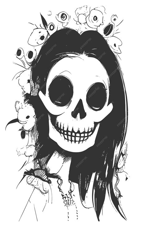 Premium Vector Female Skull Tattoo Hand Drawn Vector Black And White