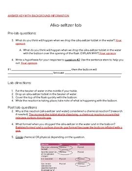 Alka Seltzer Chemical Reaction Lab With Answer Key By Catherine Sadowski