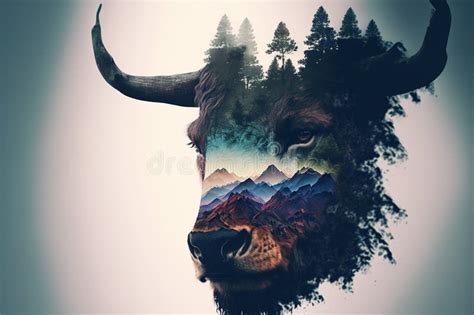 Male Bison Grazing on Grassland with Double Exposure Natural Background ...