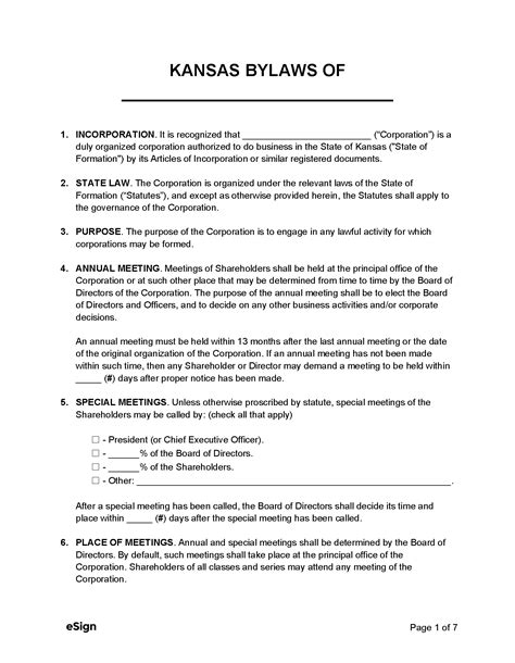 Free Kansas Corporate Bylaws Template PDF Word