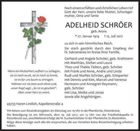 Traueranzeigen von Adelheid Schröer noz Trauerportal