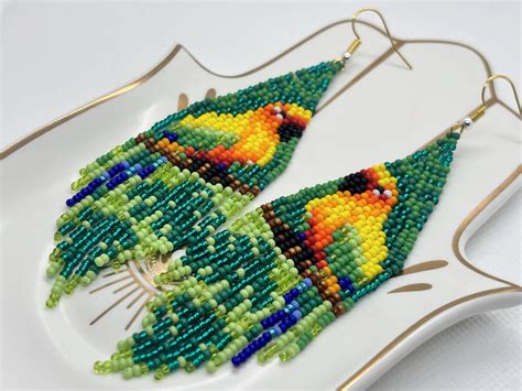 Handmade Beaded Parrot Earrings Vibrant Tropical Bird Fringe Earrings
