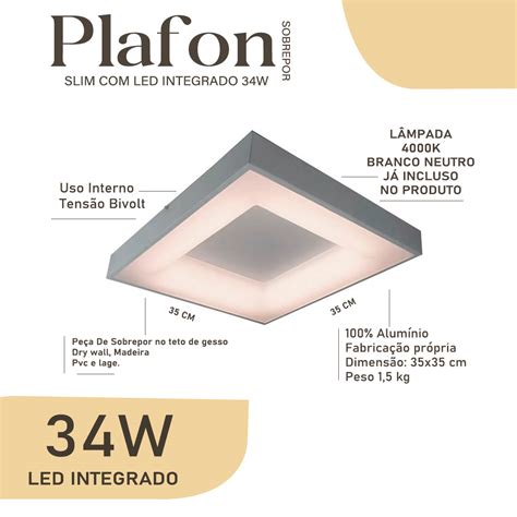 Plafon Branco Sobrepor 35x35 Cm Slim Led Integrado 34w Bivolt