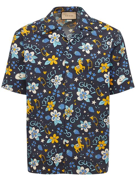 Gucci Printed Cotton Shirt In Bluemulti Modesens