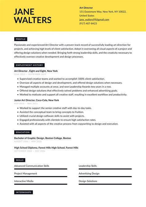 Art Director Resume Examples & Templates (2025) · Resume.io