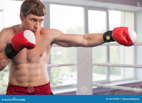 Guantes De Boxeo Musculares Hermosos Del Hombre Que Llevan Joven Foto