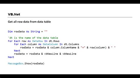 Vb Net Get All Row Data From Data Table Youtube