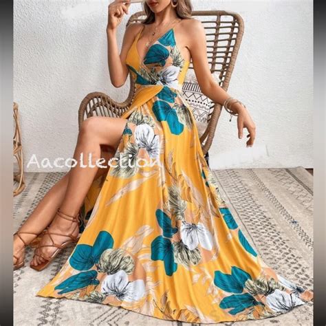 Dresses Boho Floral Tropical Print Backless Open Back Slit Maxi Dress