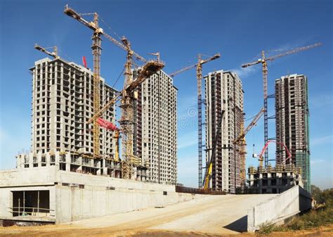 Tall Buildings Under Construction With Cranes Stock Image - Image of ...