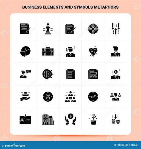 Solid 25 Business Elements and Symbols Metaphors Icon Set. Vector Glyph