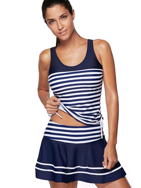 2018 Striped Padded Racerback Skirted Tankini Swimwear In Blue White