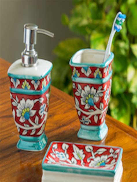 Buy Exclusivelane Turquoise Blue And Red 3 Pieces Floral Ceramic Bathroom