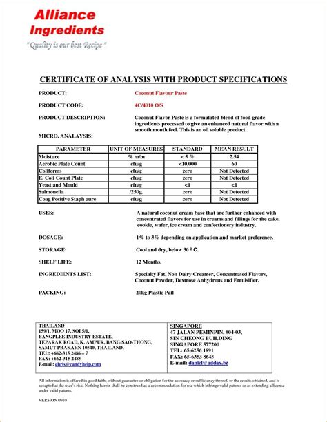 Certificate Of Analysis Template Sampletemplate My Id