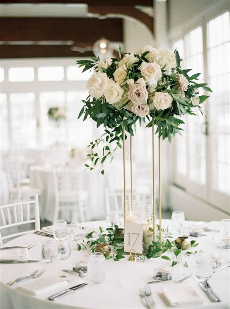 Blush And White Roses Wedding Centerpiece On Gold Rods Tall Flower Centerpieces Blush