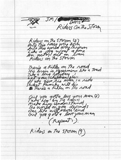 Jim Morrison S Handwritten Lyrics For Riders On The Storm Riders On