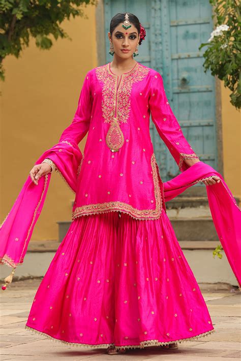 Buy Pink Pure Banarasi Spun Silk Embroidery Zari Placket Kurta Sharara