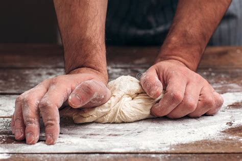 Man Kneading Raw Dough For Bread Close Up Stock Image Image Of Food