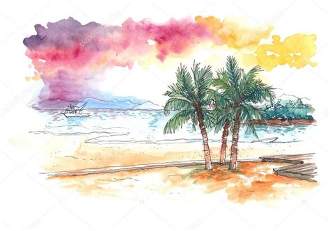 Watercolour painting of sunset at tropical beach Stock Photo by ©glowonconcept 102004980