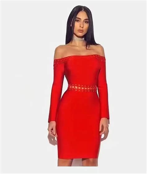 Women Winter Fashion Sexy Off Shoulder Long Sleeve Red Bandage Dress