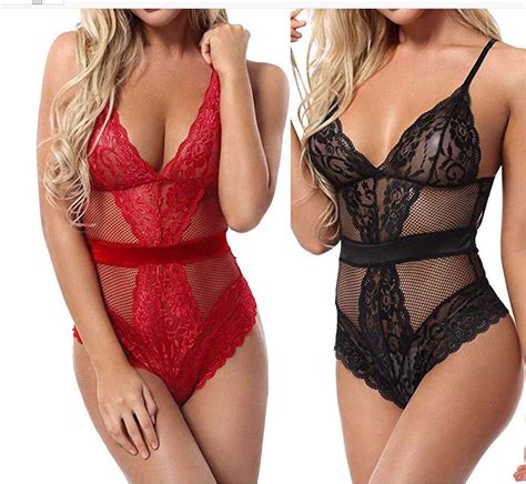 Body Femme Sexy Dentelle Florale Col V Profond Babydoll Lingerie Dos