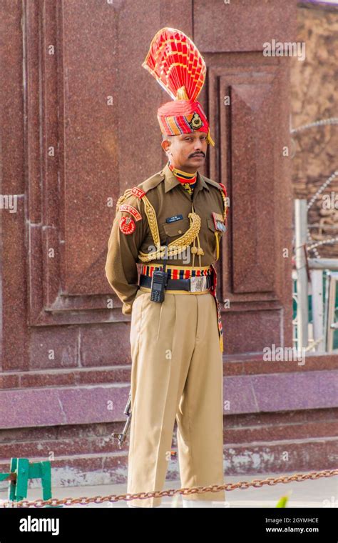 WAGAH, INDIA - JANUARY 26, 2017: Indian border guard at the military ...