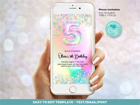 Editable 5th Birthday Invitation Template Glitter Iridescent Invitation Holographic Invitation