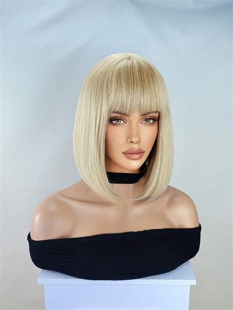 12 Inch Blonde Wig With Bangs Short Blonde Bob Wig For Women Straight Hair Wigs For Girls Heat