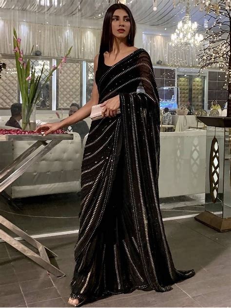 Enthralling Black Sequined Work Georgette Cocktail Party Saree With