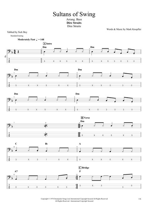 Sultans Of Swing Sheet Music Dire Straits Bass Guitar Tab