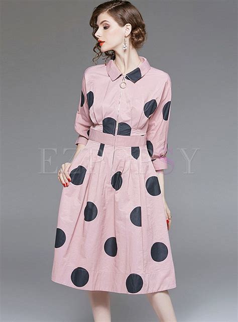 Lapel Three Quarters Sleeve Polka Dot A Line Dress A Line Dress Dots