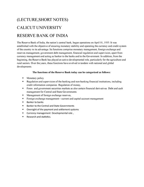 RBI AND ITS Functions LECTURE SHORT NOTES CALICUT UNIVERSITY