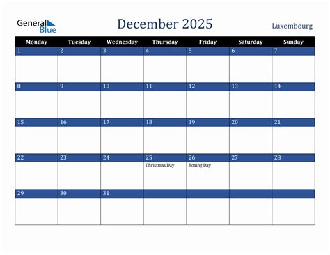 December 2025 Luxembourg Holiday Calendar