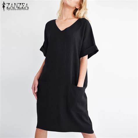 2019 Zanzea Vintage Women Summer V Neck Short Sleeve Dress Pockets