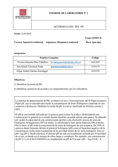 Informe De Determinacion Del Ph Determinacion Del Ph Fecha