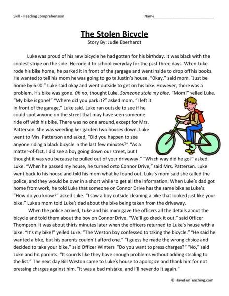 Reading Comprehension Worksheet The Stolen Bicycle