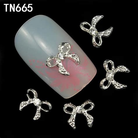 Blueness 10pcs Alloy Silver Glitter 3d Nail Bows Art Decorations With